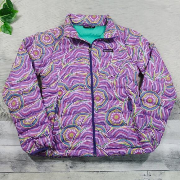 PATAGONIA Purple Printed Down Puffer Jacket Zip-Up Girls Size XL / 14 - Picture 9 of 12
